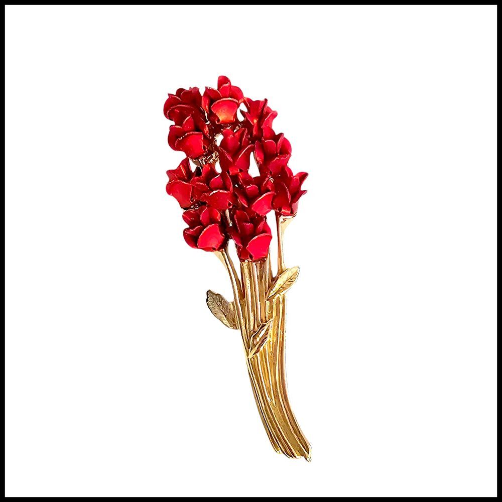 DMC 97 Red Rose Brooch‎ Bouquet Gold Tone Floral Pin Vintage Jewelry